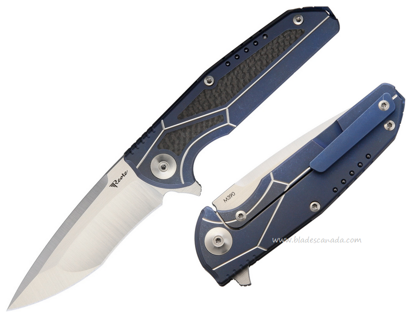 Reate K-4 Flipper Framelock Knife, RWL-34 Satin, Titanium Blue/Carbon Fiber